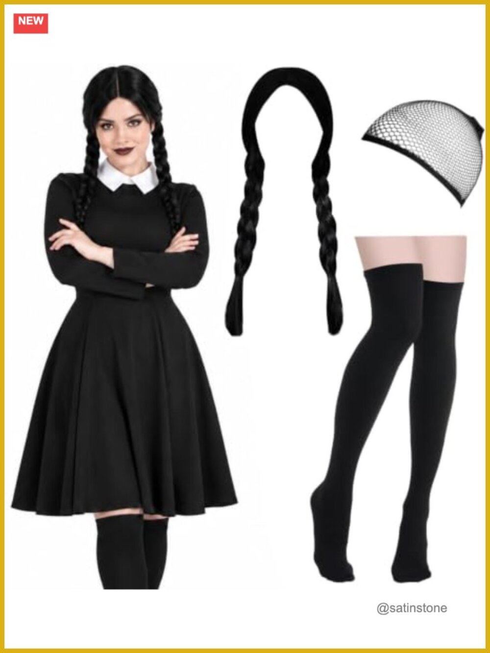 Women's Gothic Halloween Costume Long Sleeve Peter Pan Collar Dress 4-Piece Set